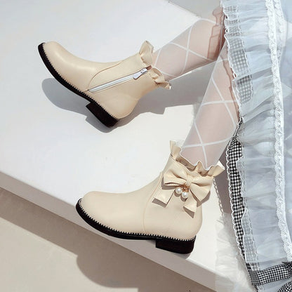 Pu Leather Round Toe Ruffles Pearls Bow Tie Short Boots for Women