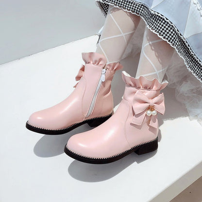 Pu Leather Round Toe Ruffles Pearls Bow Tie Short Boots for Women