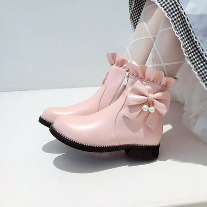 Pu Leather Round Toe Ruffles Pearls Bow Tie Short Boots for Women