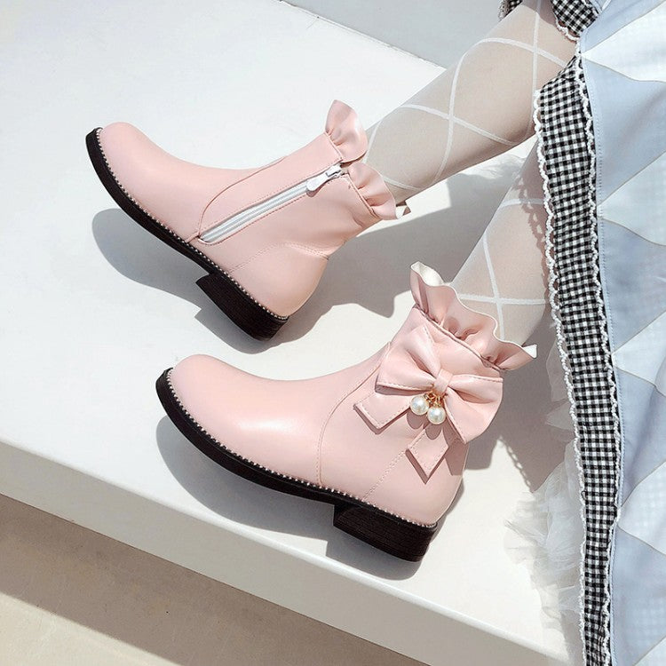 Pu Leather Round Toe Ruffles Pearls Bow Tie Short Boots for Women