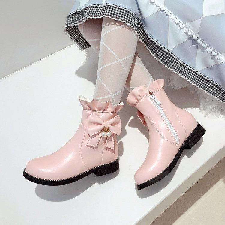 Pu Leather Round Toe Ruffles Pearls Bow Tie Short Boots for Women