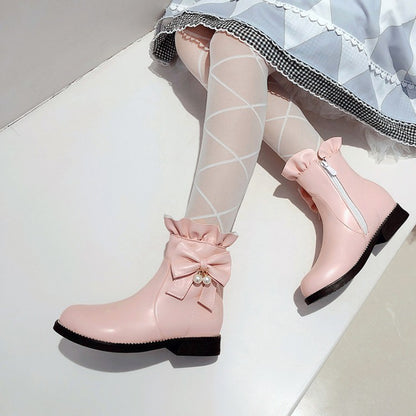 Pu Leather Round Toe Ruffles Pearls Bow Tie Short Boots for Women