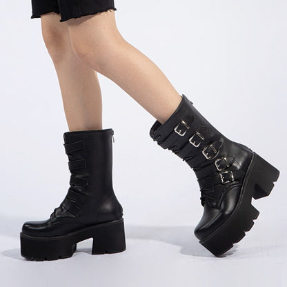 Round Toe Buckle Straps Block Chunky Heel Platform Mid-calf Boots for Women