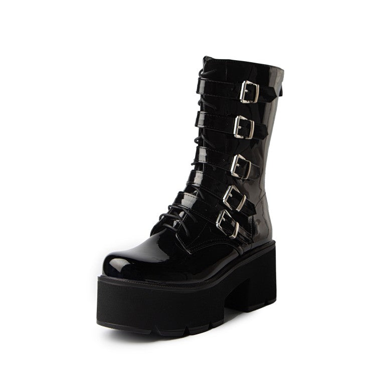 Round Toe Buckle Straps Block Chunky Heel Platform Mid-calf Boots for Women