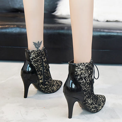 Pointed Toe Lace Up High Heels Short Boots for Women