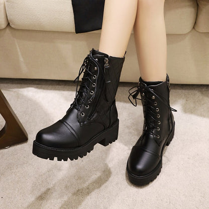 Round Toe Lace-Up Side Zippers Block Chunky Heel Platform Short Boots for Women