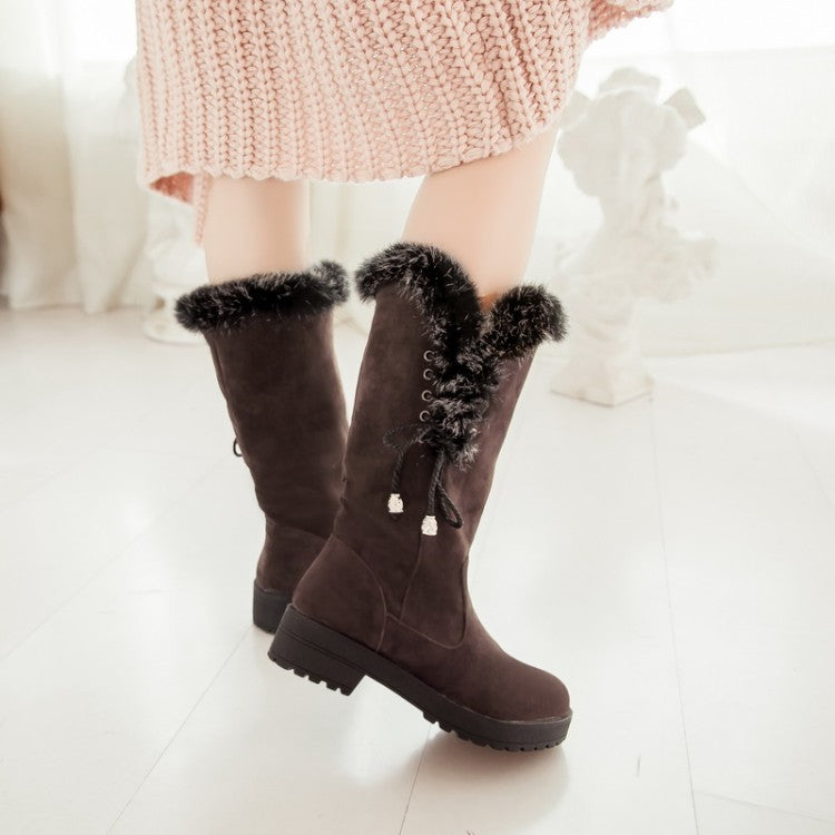 Flock Round Toe Lace-Up Block Chunky Heel Mid-Calf Boots for Women