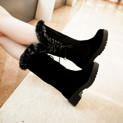 Flock Round Toe Lace-Up Block Chunky Heel Mid-Calf Boots for Women