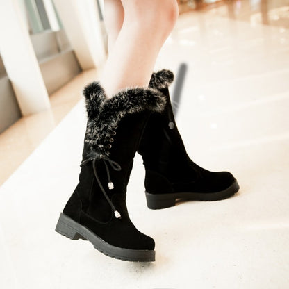 Flock Round Toe Lace-Up Block Chunky Heel Mid-Calf Boots for Women