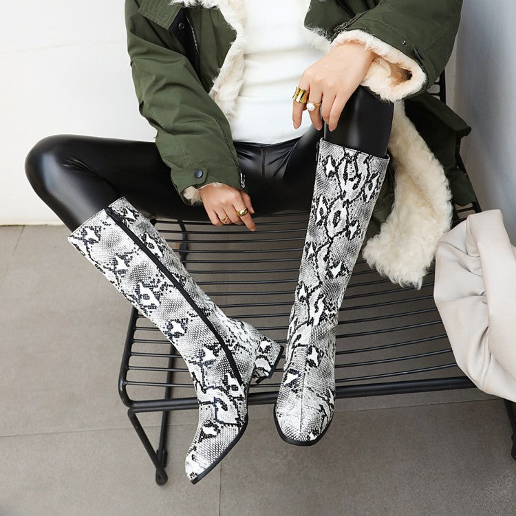 Snake Printed Pointed Toe Side Zippers Block Chunky Heel Mid-Calf Boots for Women