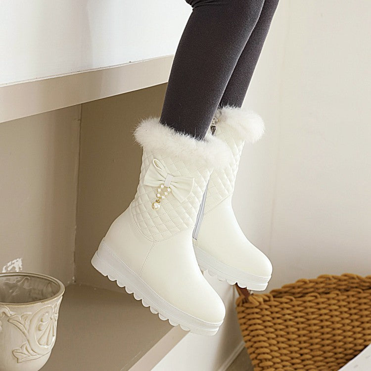 Pu Leather Round Toe Bow Tie Pearls Furry Platform Wedge Heel Mid-Calf Snow Boots for Women