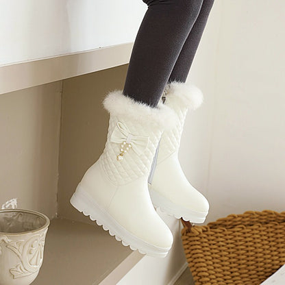 Pu Leather Round Toe Bow Tie Pearls Furry Platform Wedge Heel Mid-Calf Snow Boots for Women