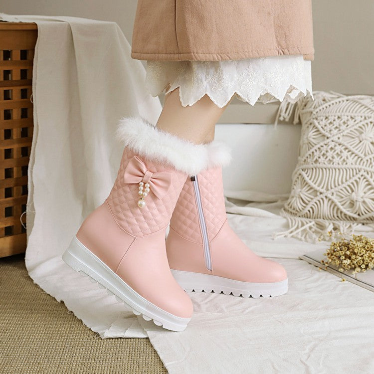 Pu Leather Round Toe Bow Tie Pearls Furry Platform Wedge Heel Mid-Calf Snow Boots for Women