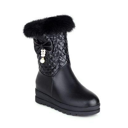 Pu Leather Round Toe Bow Tie Pearls Furry Platform Wedge Heel Mid-Calf Snow Boots for Women