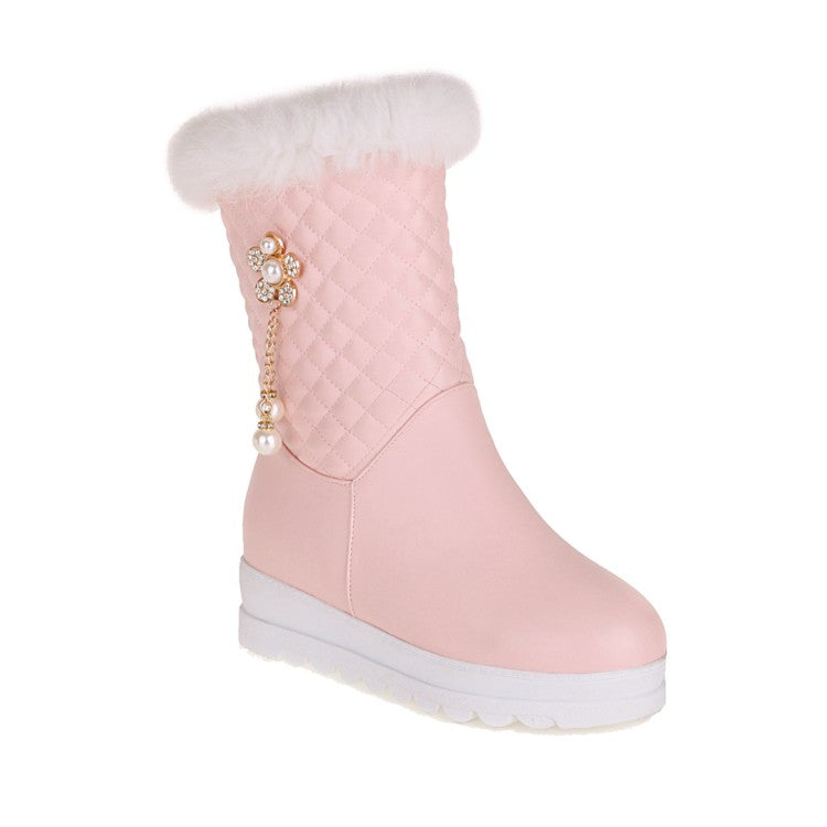 Side Zippers Rhinestone Sunflower Platform Wedge Heel Mid-Calf Snow Boots for Women