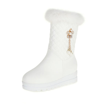 Side Zippers Rhinestone Sunflower Platform Wedge Heel Mid-Calf Snow Boots for Women