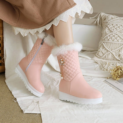 Side Zippers Rhinestone Sunflower Platform Wedge Heel Mid-Calf Snow Boots for Women