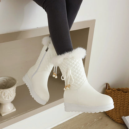 Tied Straps Pearls Furry Side Zippers Platform Wedge Mid-Calf Snow Boots for Women