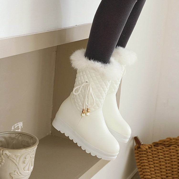 Tied Straps Pearls Furry Side Zippers Platform Wedge Mid-Calf Snow Boots for Women