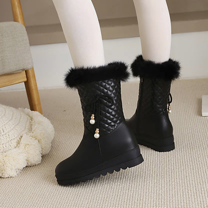 Tied Straps Pearls Furry Side Zippers Platform Wedge Mid-Calf Snow Boots for Women