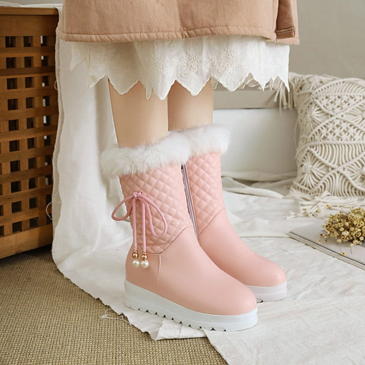 Tied Straps Pearls Furry Side Zippers Platform Wedge Mid-Calf Snow Boots for Women