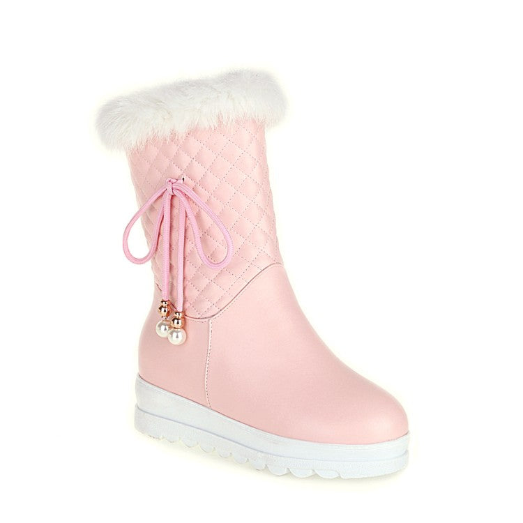 Tied Straps Pearls Furry Side Zippers Platform Wedge Mid-Calf Snow Boots for Women