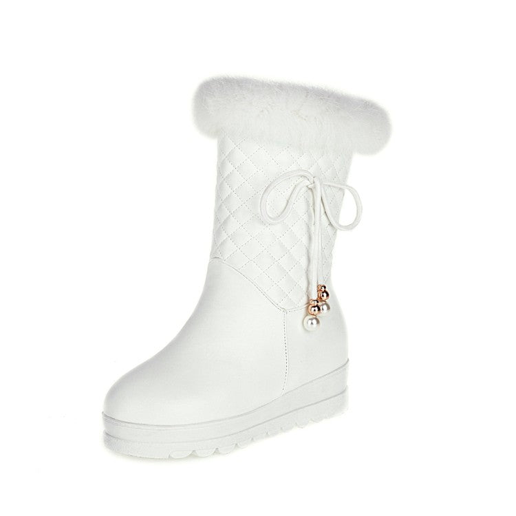 Tied Straps Pearls Furry Side Zippers Platform Wedge Mid-Calf Snow Boots for Women