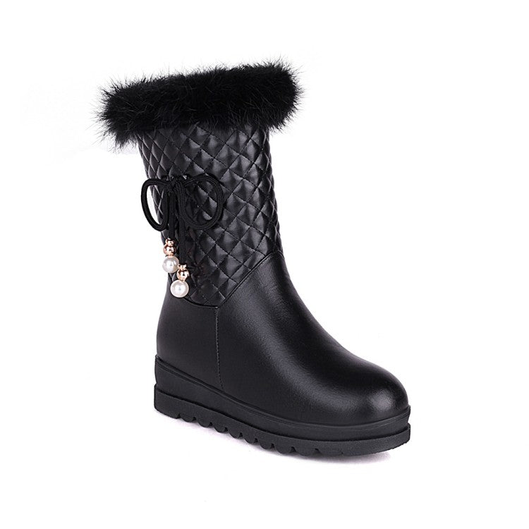 Tied Straps Pearls Furry Side Zippers Platform Wedge Mid-Calf Snow Boots for Women