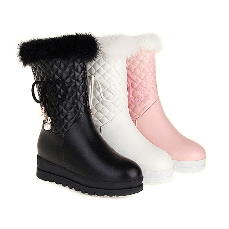 Tied Straps Pearls Furry Side Zippers Platform Wedge Mid-Calf Snow Boots for Women