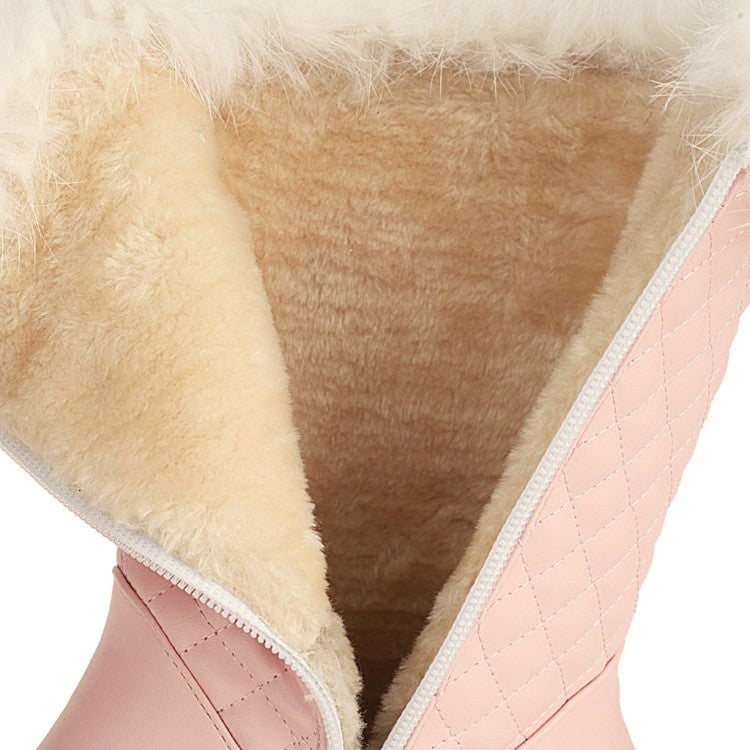 Tied Straps Pearls Furry Side Zippers Platform Wedge Mid-Calf Snow Boots for Women