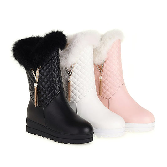 Round Toe Pearls Tassel Furry Side Zippers Platform Wedge Heel Mid-Calf Snow Boots for Women