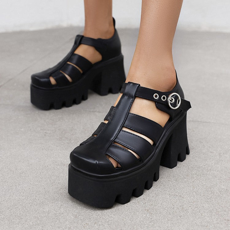 Women's Roman Patent Square Toe Buckle Straps Block Heel Platform Gladiator Sandals