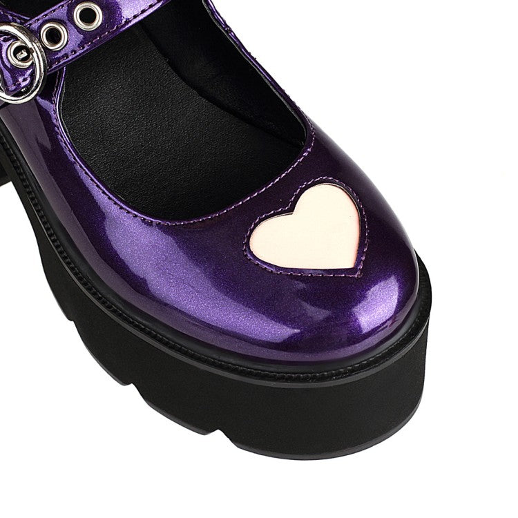 Women's Love Hearts Mary Janes Block Heel Platform Pumps