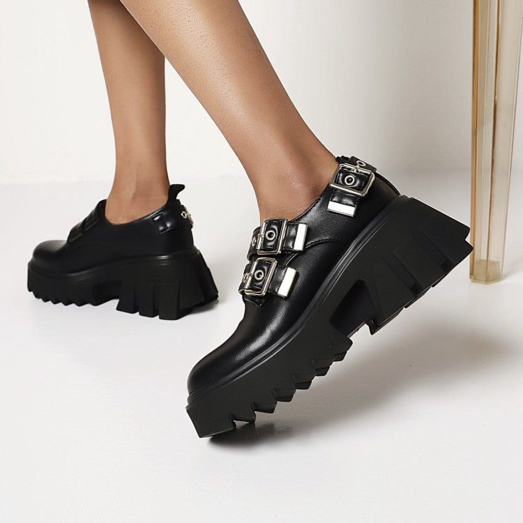 Women's Buckle Straps Block Heel Platform Loafers Shoes
