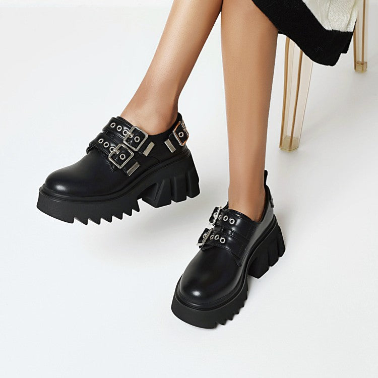 Women's Buckle Straps Block Heel Platform Loafers Shoes