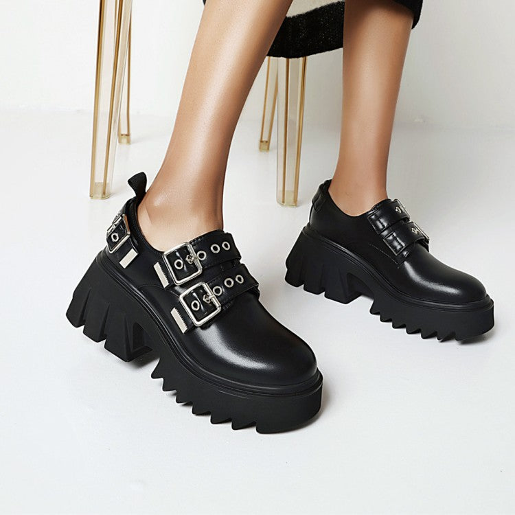 Women's Buckle Straps Block Heel Platform Loafers Shoes