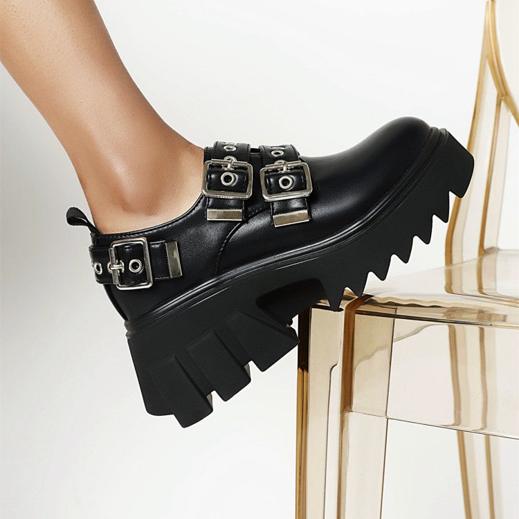 Women's Buckle Straps Block Heel Platform Loafers Shoes