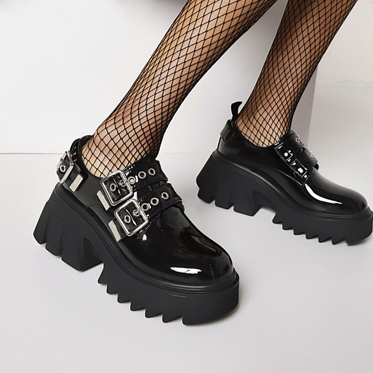 Women's Buckle Straps Block Heel Platform Loafers Shoes