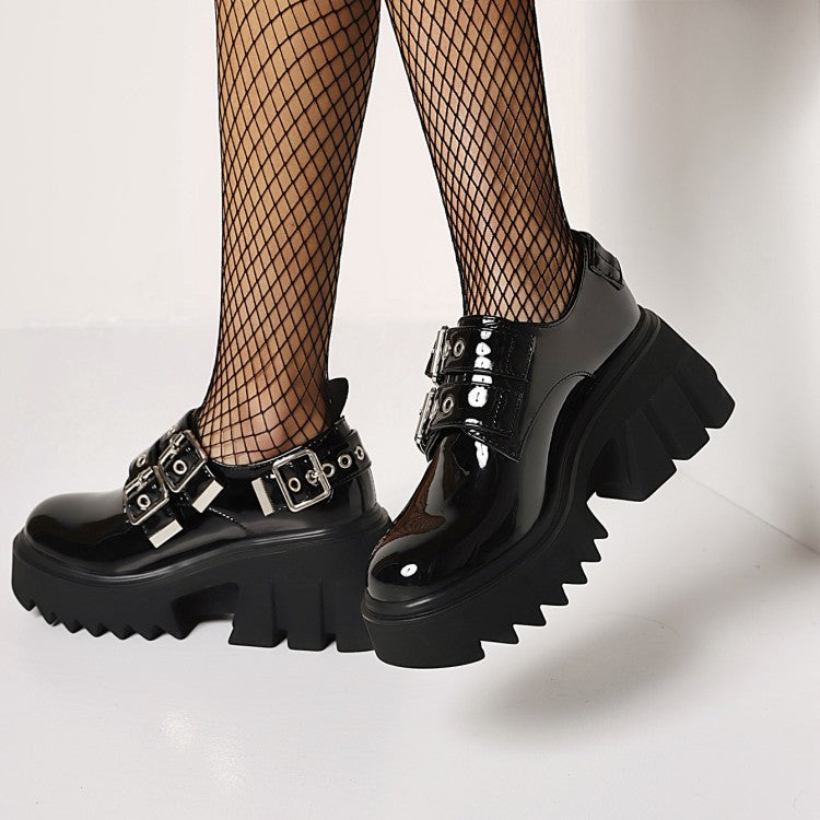 Women's Buckle Straps Block Heel Platform Loafers Shoes