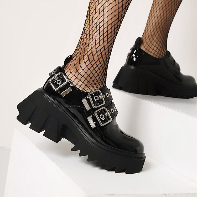 Women's Buckle Straps Block Heel Platform Loafers Shoes