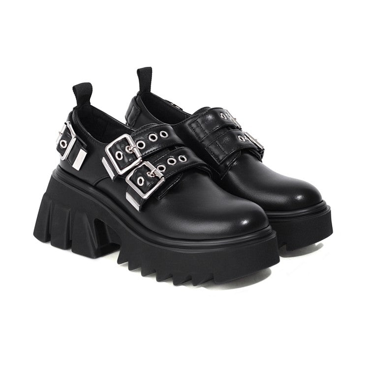 Women's Buckle Straps Block Heel Platform Loafers Shoes