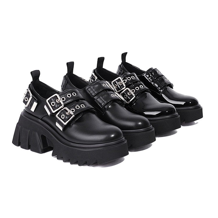 Women's Buckle Straps Block Heel Platform Loafers Shoes