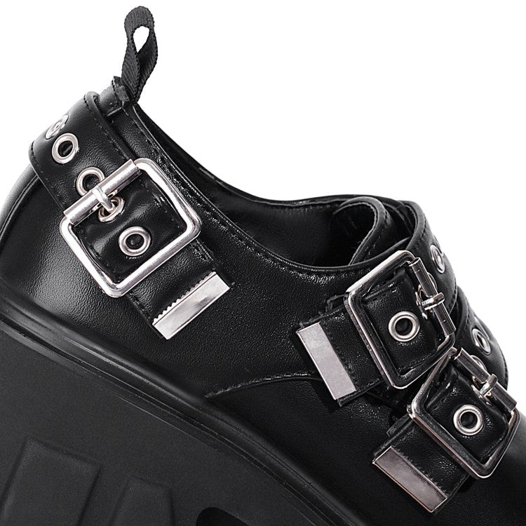 Women's Buckle Straps Block Heel Platform Loafers Shoes