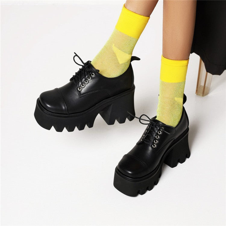 Women's Patent Square Toe Lace Up Block Heel Platform Derbies