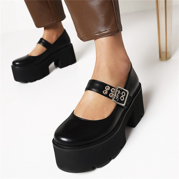 Women's Mary Janes Buckle Straps Block Heel Platform Pumps