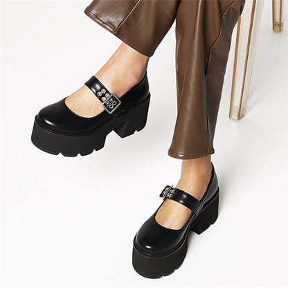 Women's Mary Janes Buckle Straps Block Heel Platform Pumps