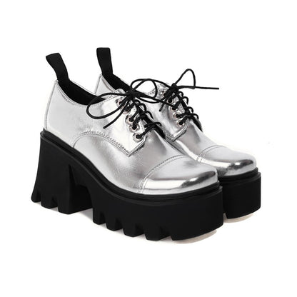 Women's Patent Square Toe Lace Up Block Heel Platform Derbies