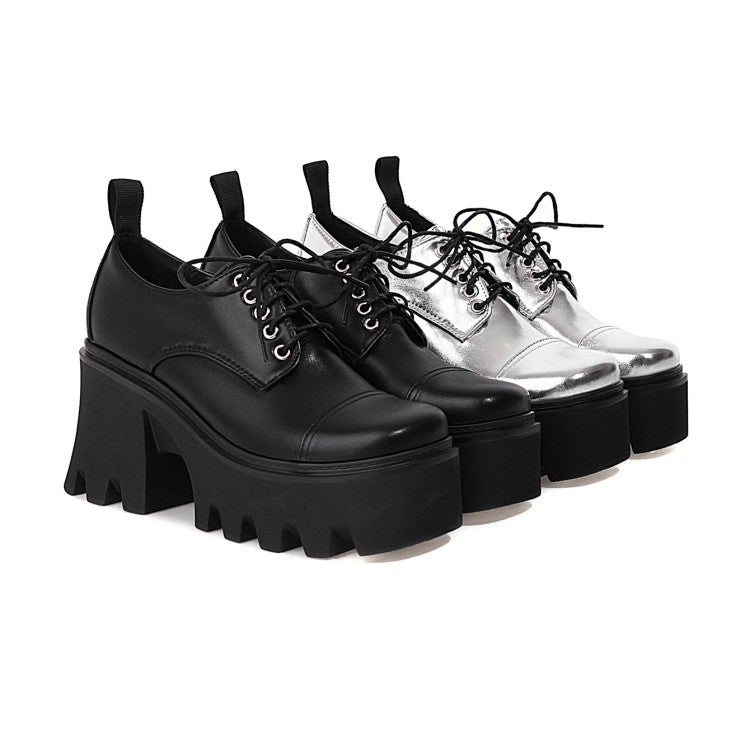 Women's Patent Square Toe Lace Up Block Heel Platform Derbies