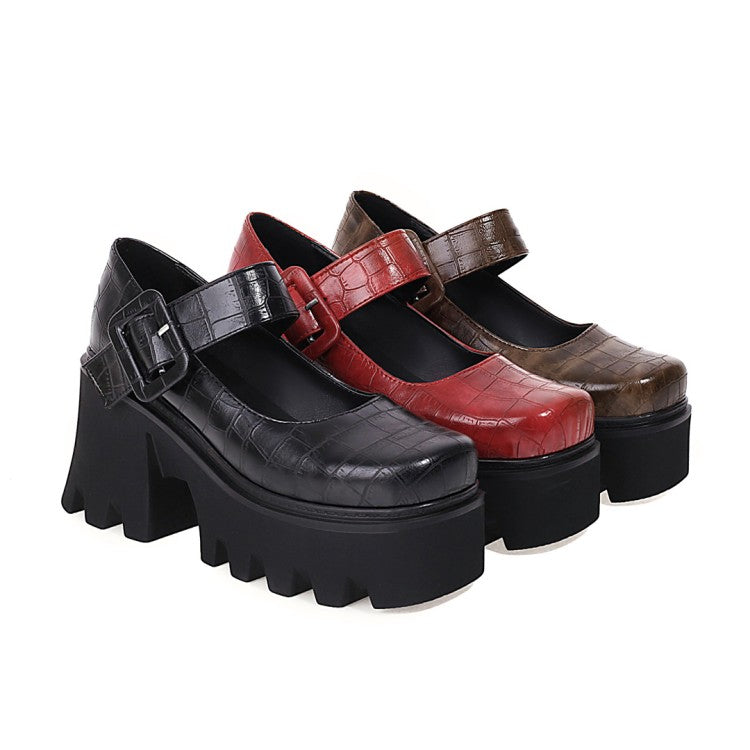 Ladies Crocodile Pattern Pu Leather Belts Buckles Chunky Heel Platform Mary Jane Shoes