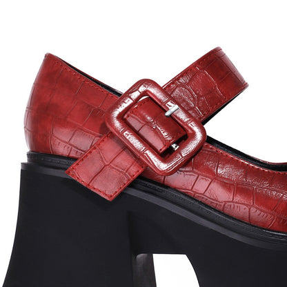 Ladies Crocodile Pattern Pu Leather Belts Buckles Chunky Heel Platform Mary Jane Shoes